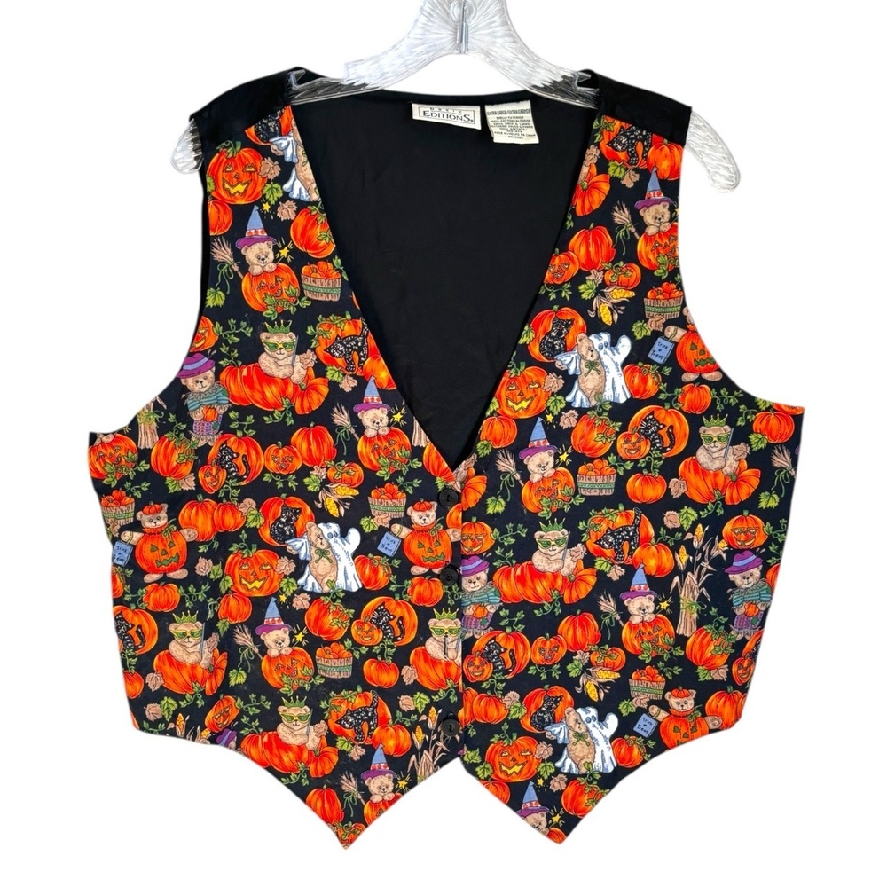 Vintage Womens Halloween Print Vest Sz L Button Front Festive Holiday Black